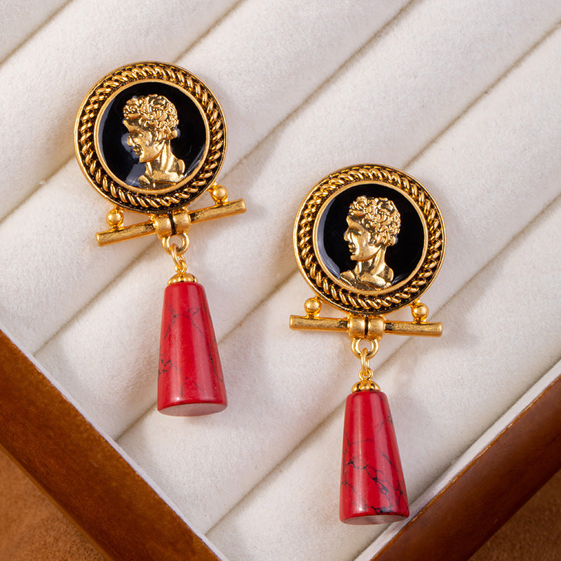 Red Pine Cameo Portrait Relief Earrings