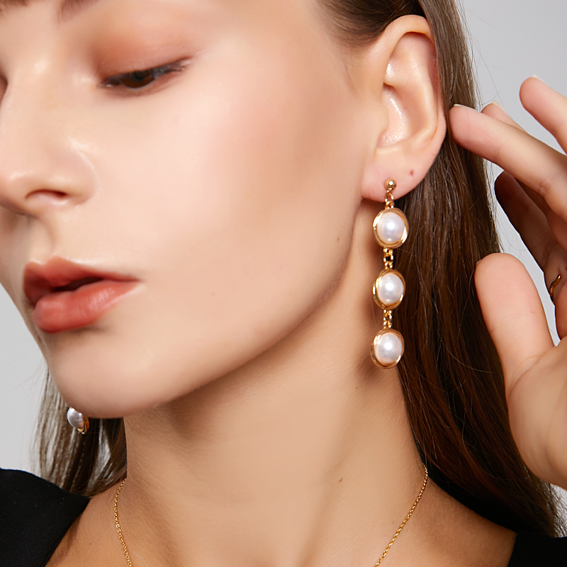 Triple Pearl Long Earrings