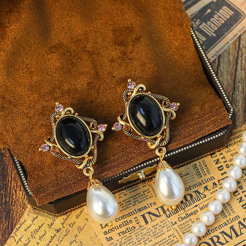 Vintage Black Sapphire Pearl Pendant Earrings - GoOpenit