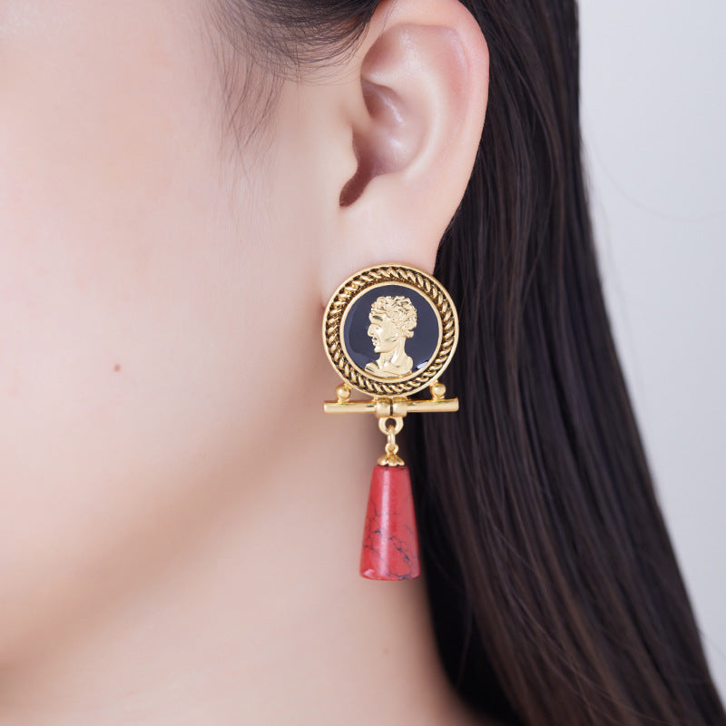 Red Pine Cameo Portrait Relief Earrings