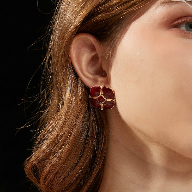 Red Geometric Square Earrings