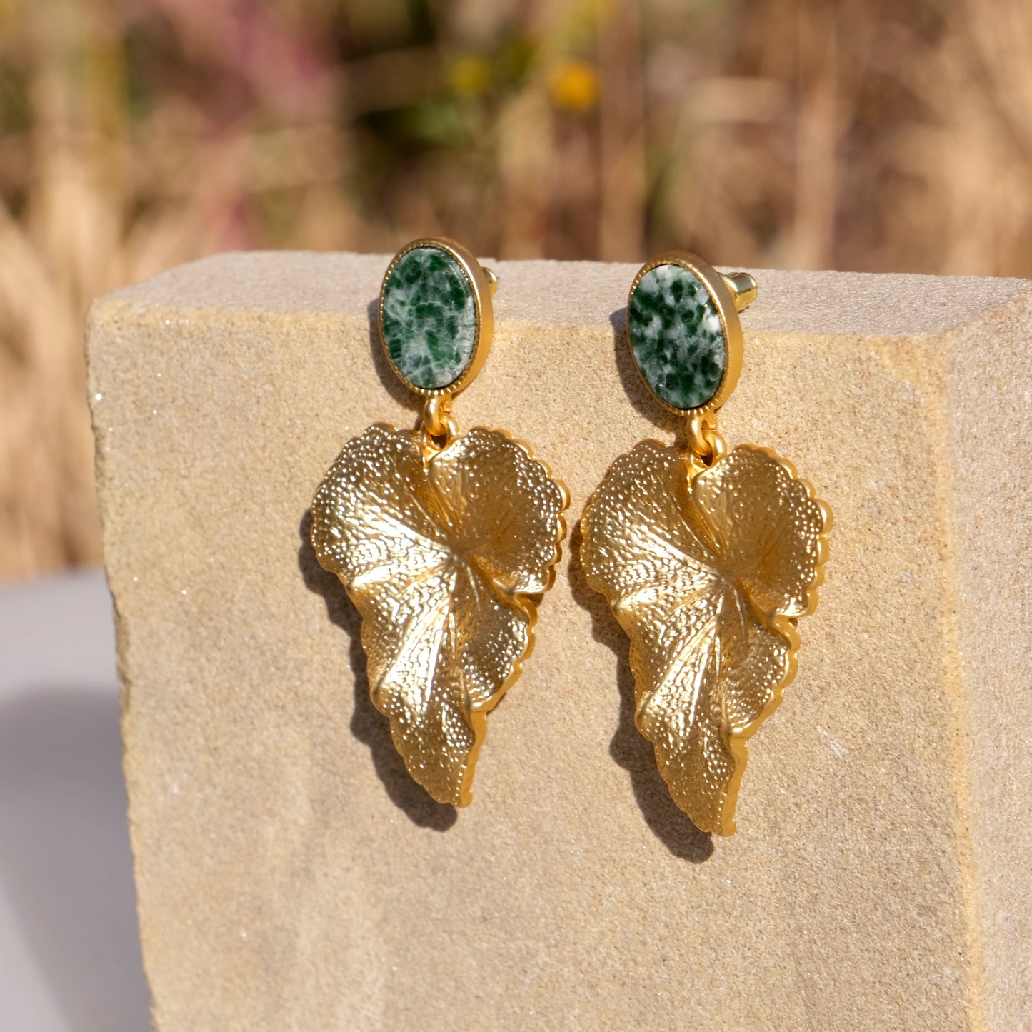 Natural Green Dot Jade Leaf Pendant Earrings