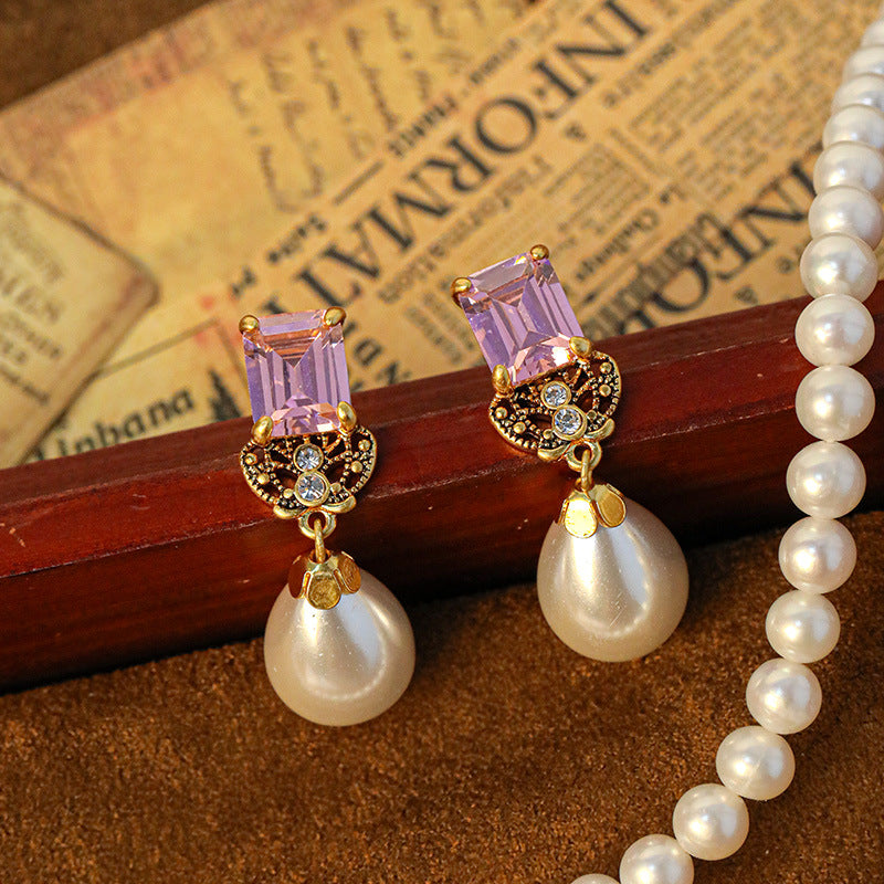 Pink Gemstone Pearl Earrings - GoOpenit